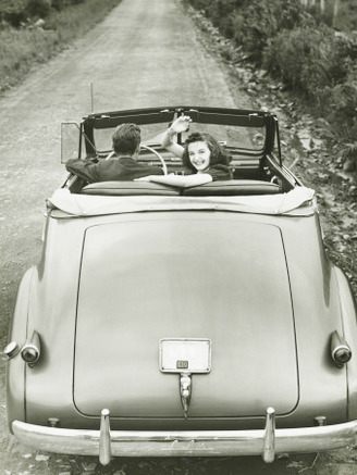 Couple Riding in Vintage Convertible Car, Elevated View